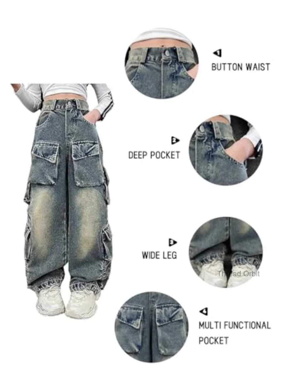 Girls Baggy Cargo Jeans High Waisted Wide Leg Y2K Denim Pants with Pockets